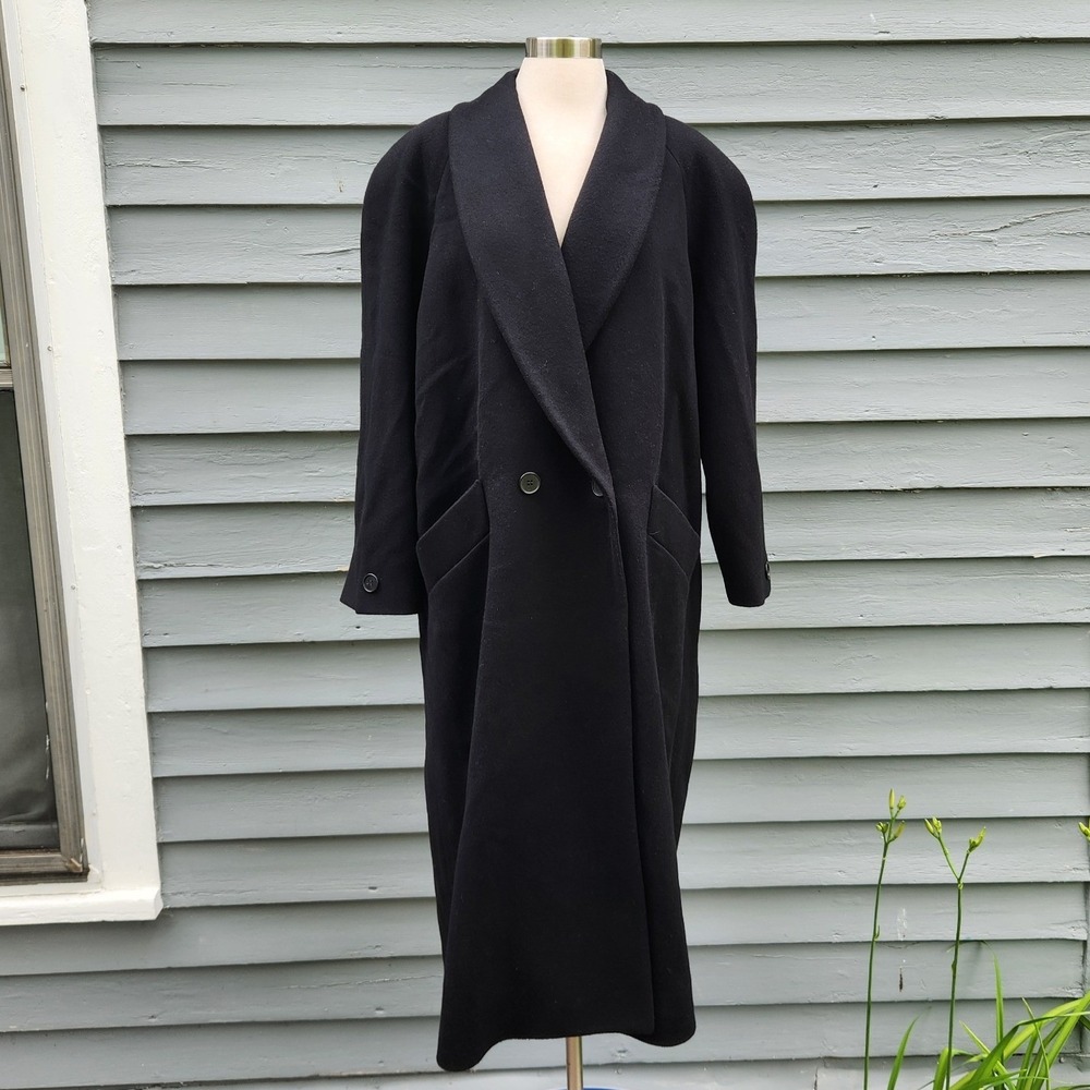 Vintage 80s Jones New York Overcoat Black Wool Shawl Collar Double Breasted 42